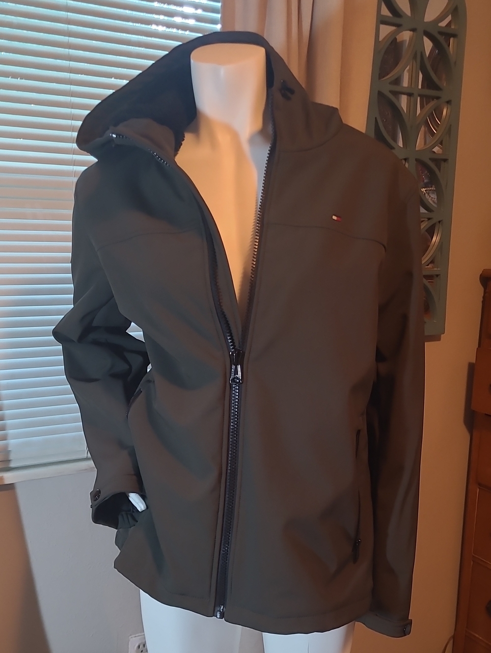 Tommy Hilfiger Mens Olive Softshell Rain Shepra lined Jacket with Hood